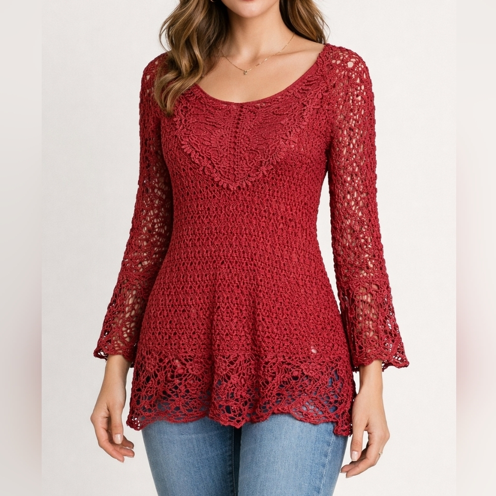 Small UMGEE Cotton Blend Crochet Lace Long Sleeve Top Cherry Red Boho Festival